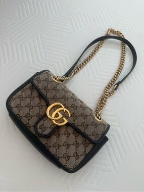 Gucci Beige Brown GG Marmont Small Shoulder Bag with Gold Chain